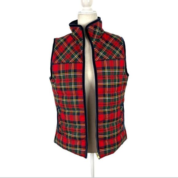 J. Crew Tartan Plaid Mountain Puffer Velvet Trim Vest Red Green Size Small H2712 - Picture 3 of 15